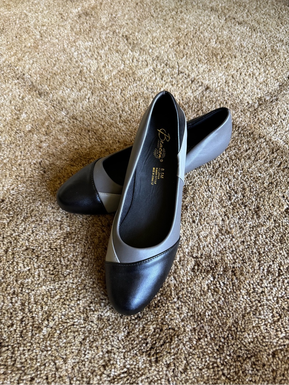 black + grey leather Beacon loafers with a low heel; excellent condition